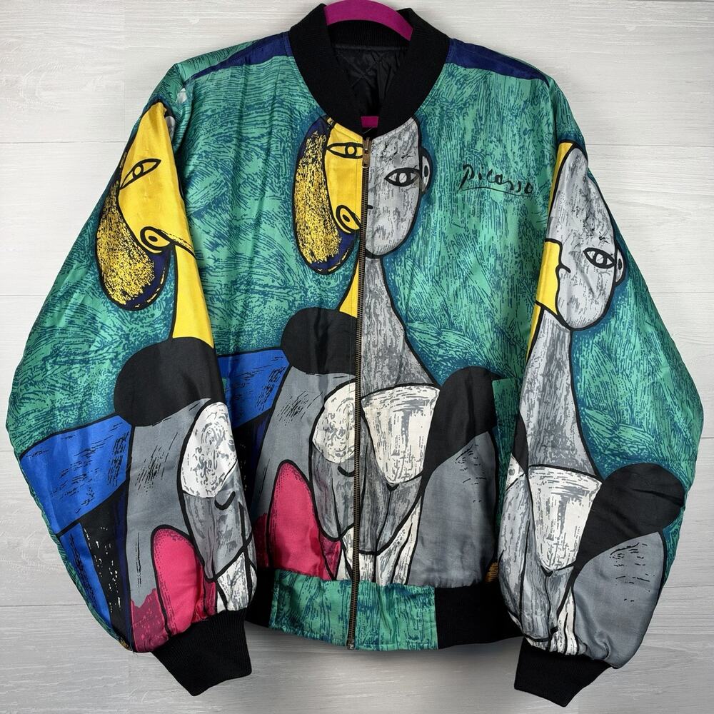 Vintage Picasso Graphic Bomber Jacket Multicolor Satin Tagless XL 2XL Repair